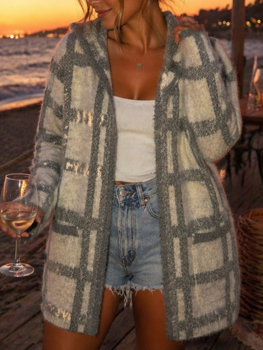 Guilty Grey Plaid Open Front Cardigan Size Large Cozy Soft Knit Layering Sweater